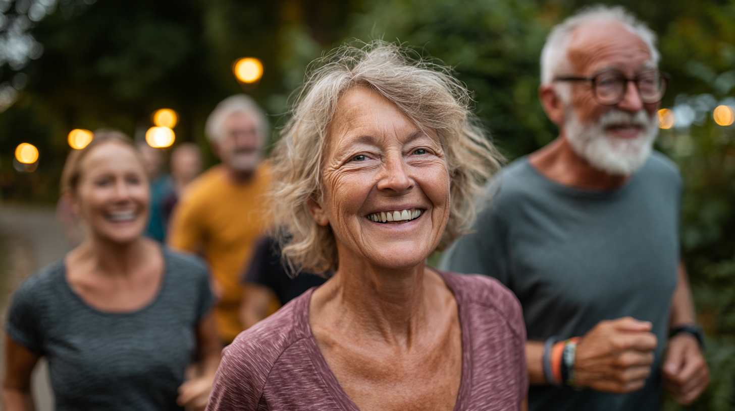 Група старших людей займається фітнесом на природі