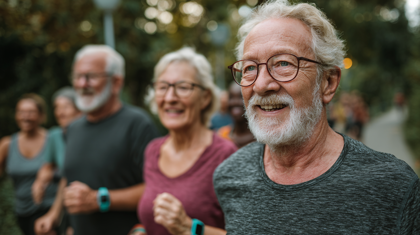 Старші люди виконують вправи з ентузіазмом та посмішками